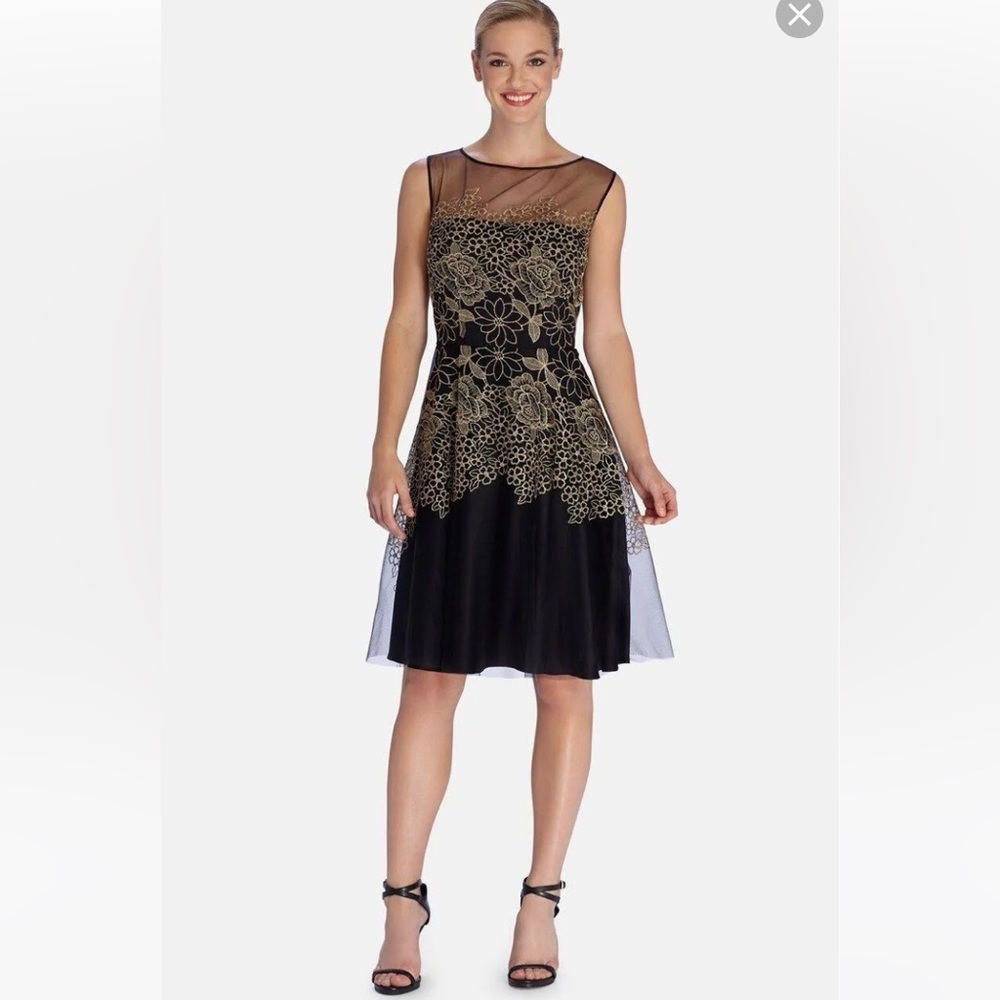 Tahari Edwin Embroidered Black & Gold Tulle Dress